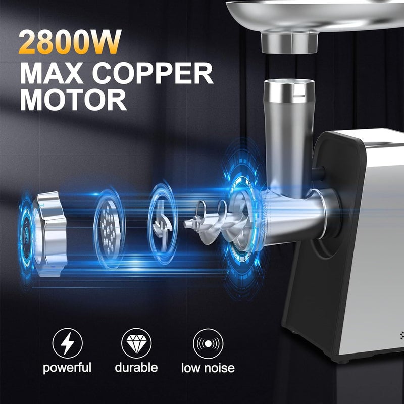 xfcnikou Electric Meat Grinder, 2800W Max Sausage Stuffer,Stainless Steel Meat Mincer With 2 Blades, 3 Plates, Sausage Tube And Kubbe Kit For Home Kitchen Use - Image 5